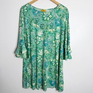 NWOT Ruby Rd. Green Floral Tunic Dress Bell Sleeve Boho Casual Spring Summer XLP